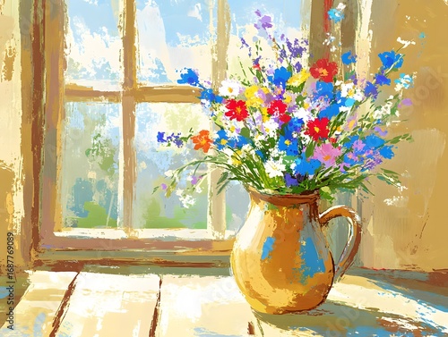 Vibrant Wildflowers in Rustic Jug by Sunny Window