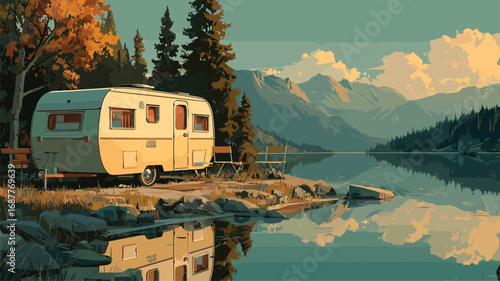 Scenic lakeside camping with vintage caravan mountains in background and tranquil reflections ideal for travel posters and tourism promotion.


