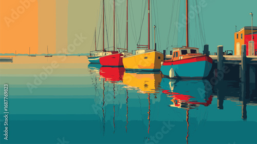 Vibrant fishing boats at dock during golden hour with soft reflections on still water ideal for coastal tourism and marina advertising.

