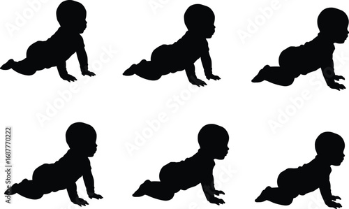 Crawling baby silhouette icons showing different motion stages, infant movement clipart set for child development, parenting, childcare, and early childhood education design
