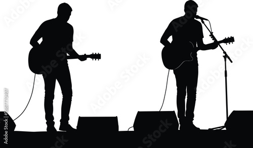 Musician silhouette icons of guitar players performing live on stage, concert clipart set for music, band, entertainment, festival, and live performance design
