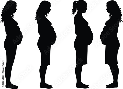 Pregnant woman silhouette icons in profile view with baby bump, maternity poses clipart set for motherhood, prenatal care, family planning, and health design