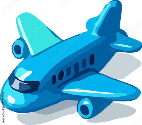 A bright blue toy airplane with its wings and engines casting a shadow on a white background.