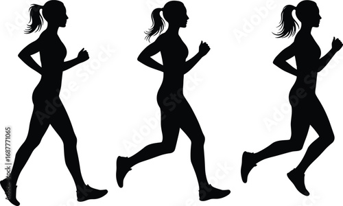 Female runner silhouette icons showing different running stages, athletic woman jogging poses, sports training clipart set for fitness, exercise, marathon, and health design