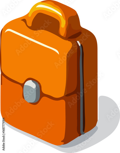 Orange leather briefcase, isometric view, with handle and clasp.
