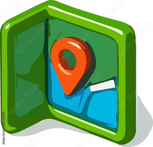Stylized green folder with a map and a red location pin, representing navigation, travel, or a geographic guide.