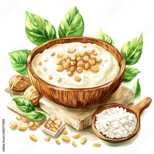 Rice Pudding, watercolor clipart vector, isolated on a white background.