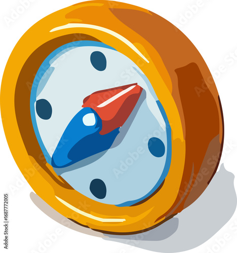A detailed illustration of a compass, featuring a golden casing and a red and blue needle.