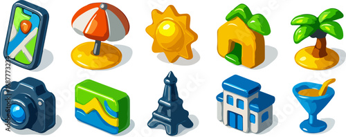 Isometric travel icons: map, beach umbrella, sun, house, palm tree, camera, landmark, Eiffel Tower, building, cocktail.