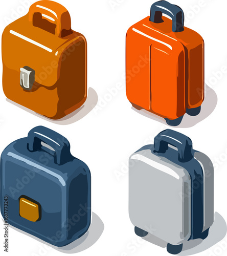 Four isometric suitcases, showing different colors and styles, potentially for business or travel.