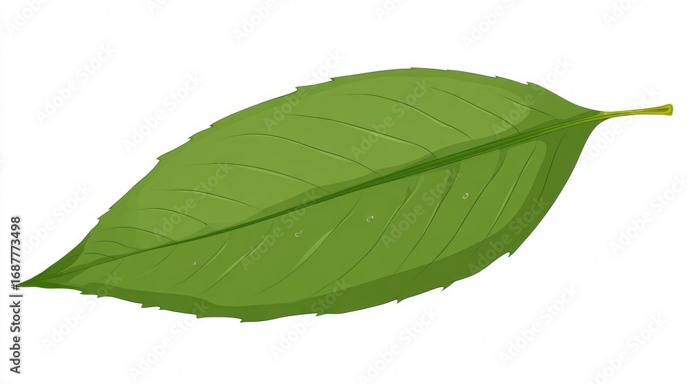 Obraz premium Macro close-up of a fresh, single green leaf with clear veins, isolated on a white background, highlighting its natural organic color and texture