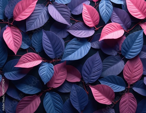 Close-up illustration of rich arrangement of leaves in vibrant pink, purple, blue hues against dark background. Detailed foliage intricate vein patterns, smooth, matte texture, perfect for graphic
