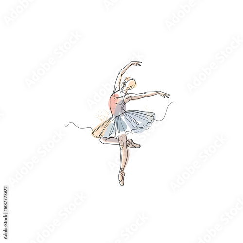Graceful ballerina captured in a minimalist single continuous line drawing with soft pastel watercolor splashes