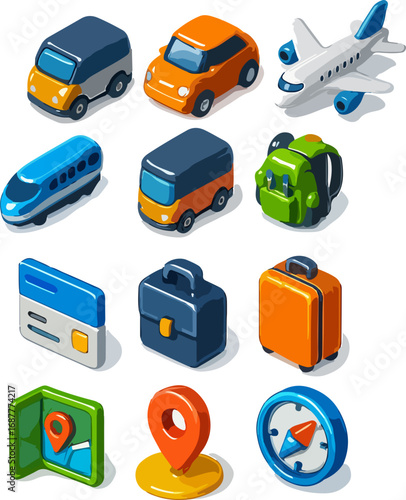 Isometric 3D icons representing various modes of transport and travel accessories on a white background.