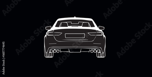 Stylized white outline of a modern sports car rear view on a black background, highlighting sleek design and quad exhaust pipes. Minimalistic automotive vector illustration