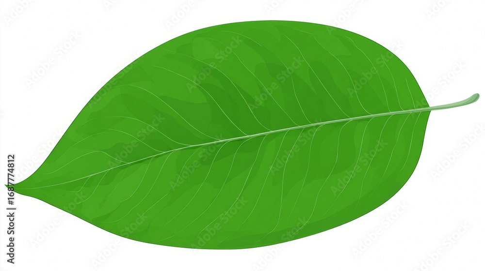 Obraz premium A single vibrant green leaf with detailed veins and a stem, isolated on a clean white background.