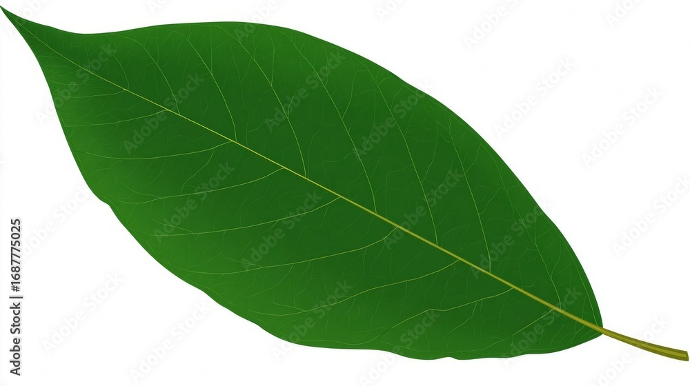 Fototapeta premium A single green leaf with prominent veins against a white background.