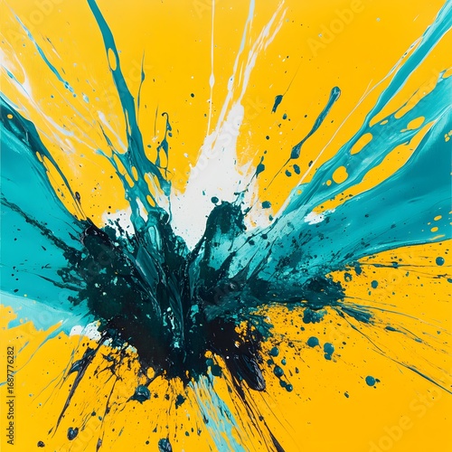 Abstract Explosion Teal White Yellow Paint Splashes Canvas Art
