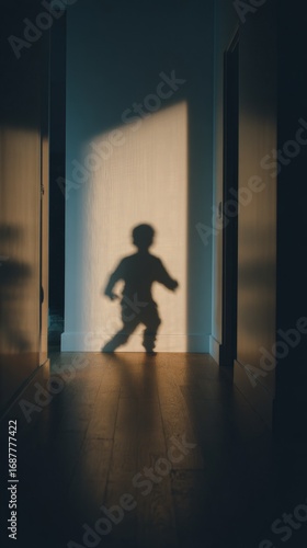 Wallpaper Mural A shadowy silhouette of a child chase shadow down a hallway. Dramatic light and dark tones create a suspenseful, mysterious atmosphere. Perfect for Halloween, childhood, or suspenseful concepts. Torontodigital.ca