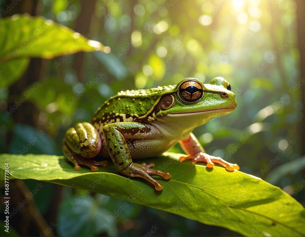 Fototapeta premium Green frog on leaf 