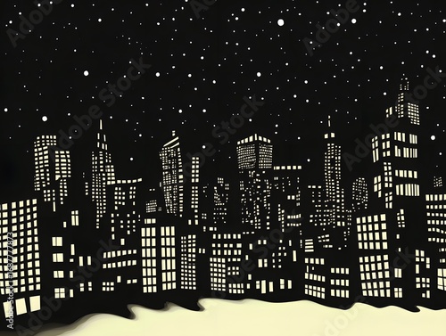 Night City Skyline Illustration Urban Landscape Starry Night Cityscape