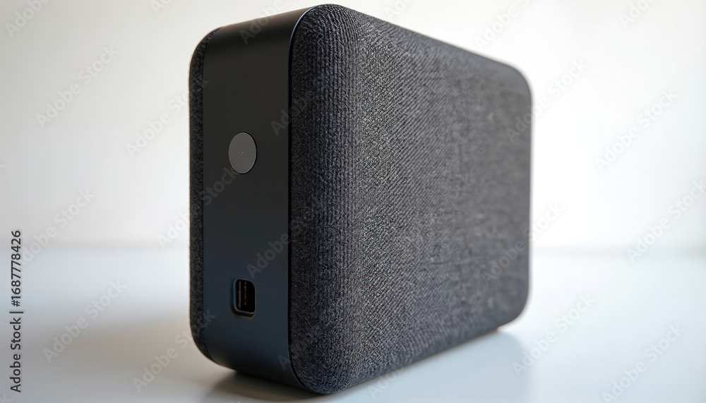 Obraz premium Compact portable speaker featuring grey fabric covering and black casing. USB port visible. Modern, stylish device for travel and on-the-go music enjoyment, office, or parties.
