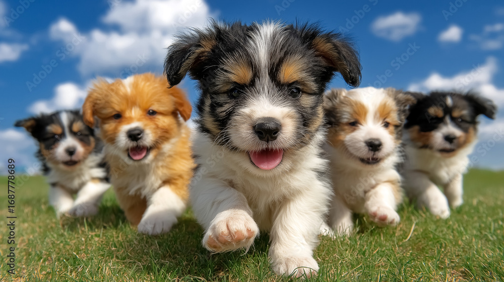 Obraz premium Five energetic puppies run towards the camera, displaying happiness on a sunny day. The bright green grass environment complements the playful mood. Concept of pet care, animal adoption, dog training