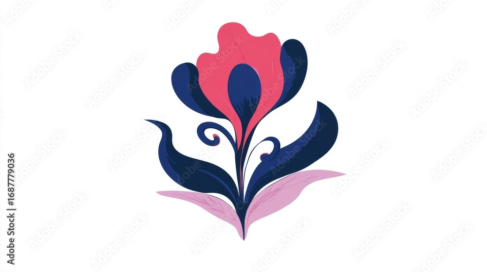 Obraz premium A stylized illustration of a flower with vibrant pink petals and dark blue leaves on a white background, featuring a decorative and artistic design.