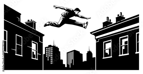 Urban parkour freerunner jumping between rooftops vector illustration