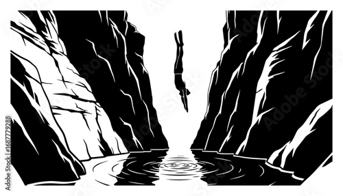 Cliff diver plunging into canyon river vector illustration