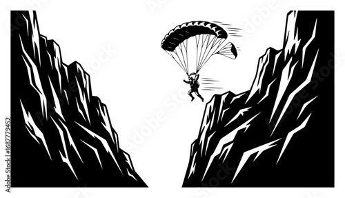 Paraglider soaring between steep mountain cliffs silhouette