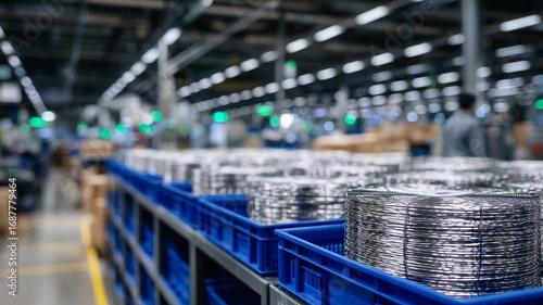 High-tech manufacturing process featuring tantalum and neodymium wires coiled on spools, stored in cleanroom conditions.