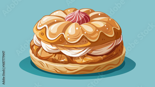 Paris-Brest, a circular choux pastry filled with praline cream, dusted with sugar, rests proudly. Isolated background symbolizes French cycling heritage, indulgence, and Parisian innovation in delicat