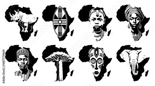 Collection of african icons with map silhouette