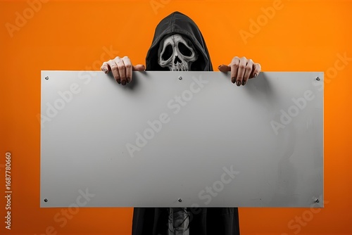 Ghost Orange Background as an eerie monster peeking behind a blank sign as a haunted creepy phantom spirit hiding behind a billboard as a halloween message concept.
