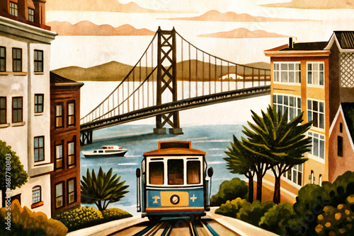 San Francisco city, Golden Gate Bridge, steep streets, cable cars, famous coastal landmark, iconic California travel destination