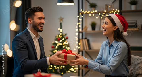Colleagues exchanging christmas gift boxes, presents in a decorated office, co-workers new year party, celebration, festive gathering with gift sharing and business team building.