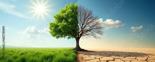 Split image shows tree contrast vibrant green growth versus barren dead branches. Represents environmental change, climate crisis, drought impact on nature, sustainability, planetary health.