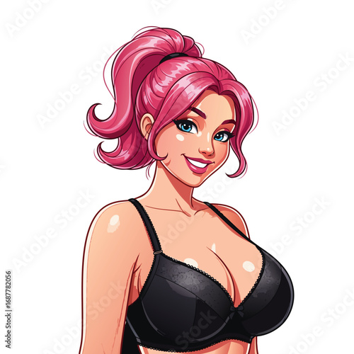 A cheerful woman with pink hair and a bright smile