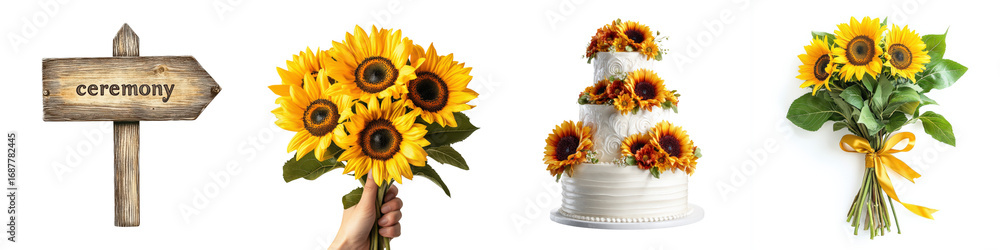 Obraz premium Sunflower wedding set with cake bouquet and ceremony sign isolated