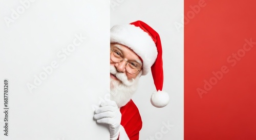 Smiling Santa Claus peeks from behind a large, blank, white sign against a backdrop of white and red. He's wearing a red and white hat.
