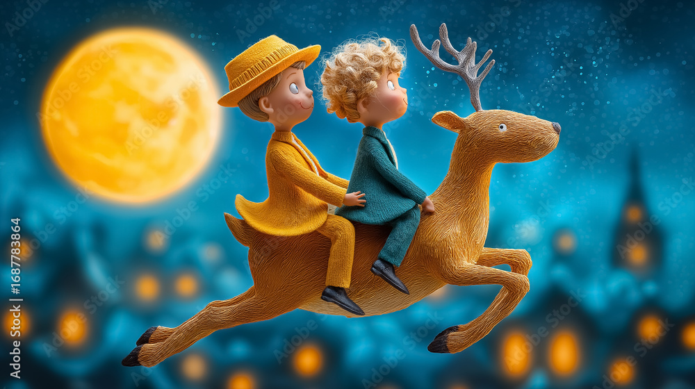 Naklejka premium Two boys sit on a flying reindeer soaring through the night sky. Bright yellow moon illuminates whimsical town below. Concept of imagination, fantasy, holiday joy