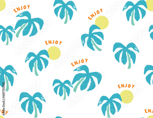 tropical palm tree pattern and sun with text letter enjoy and backgroud white