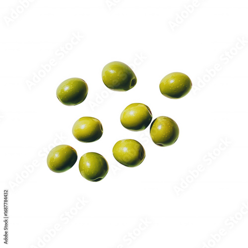 Fresh green olives scattered on black isolated on a transparent background fruit food