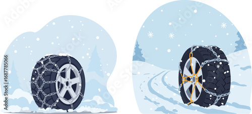 Winter tires covered in snow with chains on snowy background  