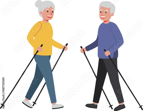 Elderly couple walking with Nordic walking poles in casual clothing  