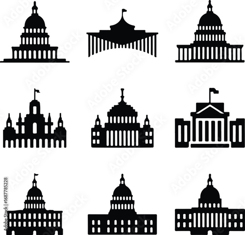 Capitol Landmark Silhouette Icon Vector Set Historic Capitol Building Black Silhouette Icon Design