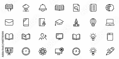 Collection of education and learning icons featuring books, cloud, bell, and other study related symbols
