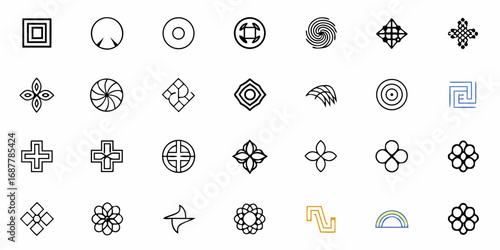 Collection of thirty distinct geometric and floral designs arranged in a neat rectangular grid pattern