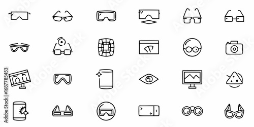 Collection of twenty four varied line art icons featuring glasses and technology related visual elements